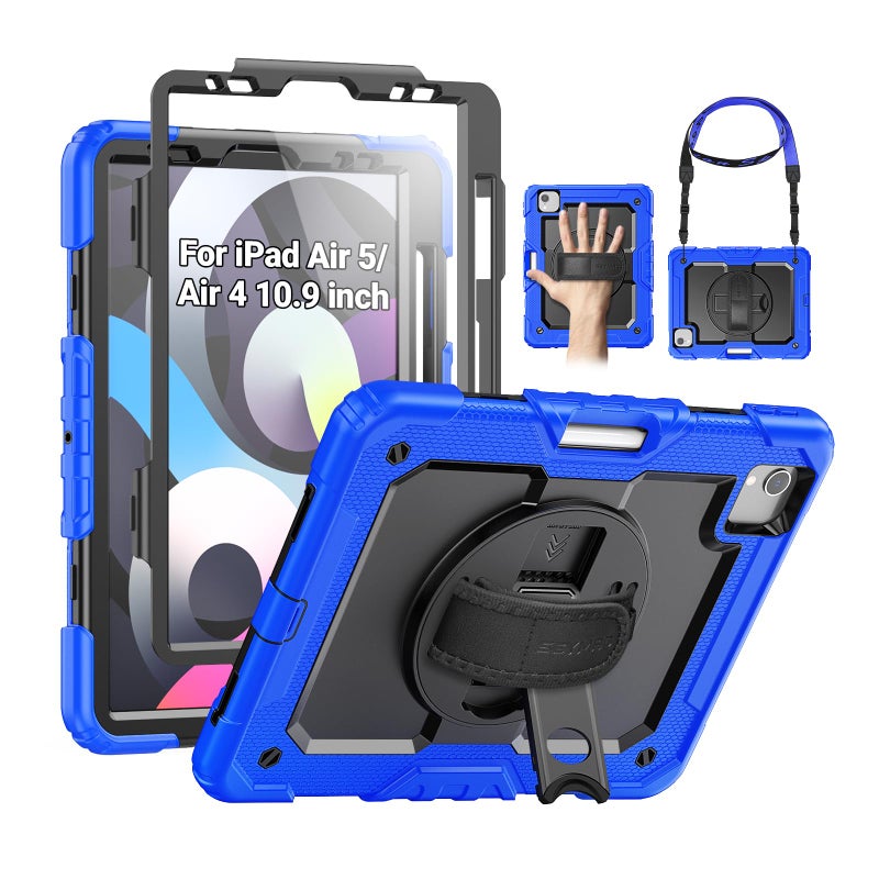 SEYMAC for iPad Air 5th/ 4th Generation Case 10.9 Inch, Full-Body Shockproof Protective Case with Screen Protector, Rotating Stand/Handle/Shoulder Strap/Pencil Holder for iPad Air 5/ Air 4, Blue - Image 1