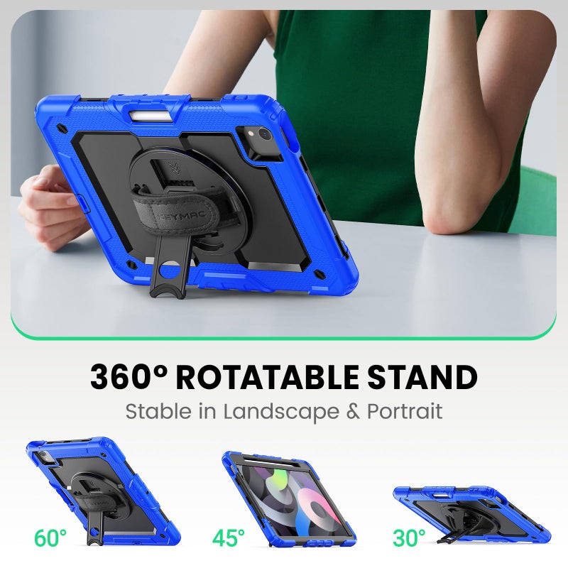 SEYMAC for iPad Air 5th/ 4th Generation Case 10.9 Inch, Full-Body Shockproof Protective Case with Screen Protector, Rotating Stand/Handle/Shoulder Strap/Pencil Holder for iPad Air 5/ Air 4, Blue - Image 4