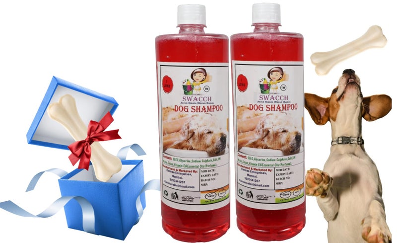 swacch Shampoo | Puppy Safe Shampoo| Dog Shampoo (1 Litre) (Pack of 2) Strawberry + Medium White Bone |Dog Chew Bones |Teething chew Toy|Dental Teething |Combo Pack - Image 1