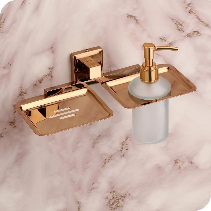 ORCE BATH ARTICLE Liquid soap Dispenser with soap case Holder for washbasin Liquid Dispenser and saop Dish for Bathroom soap Holders dispensers 40304 Stainless SteelRose Gold FinishFrosted Glass - Image 1