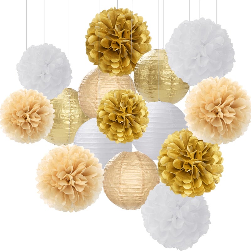 Hugfond White Gold Party-Decorations Paper Flowers Lanterns - 15PCS Engagement Birthday Graduation Wedding Tissue Pom Poms Streamers Neutral Bachelorette Baby Bridal Shower Hanging Supplies Decor Hugfond - Image 1