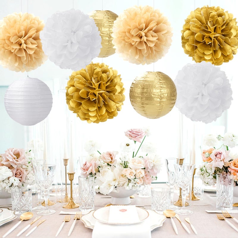 Hugfond White Gold Party-Decorations Paper Flowers Lanterns - 15PCS Engagement Birthday Graduation Wedding Tissue Pom Poms Streamers Neutral Bachelorette Baby Bridal Shower Hanging Supplies Decor Hugfond - Image 2