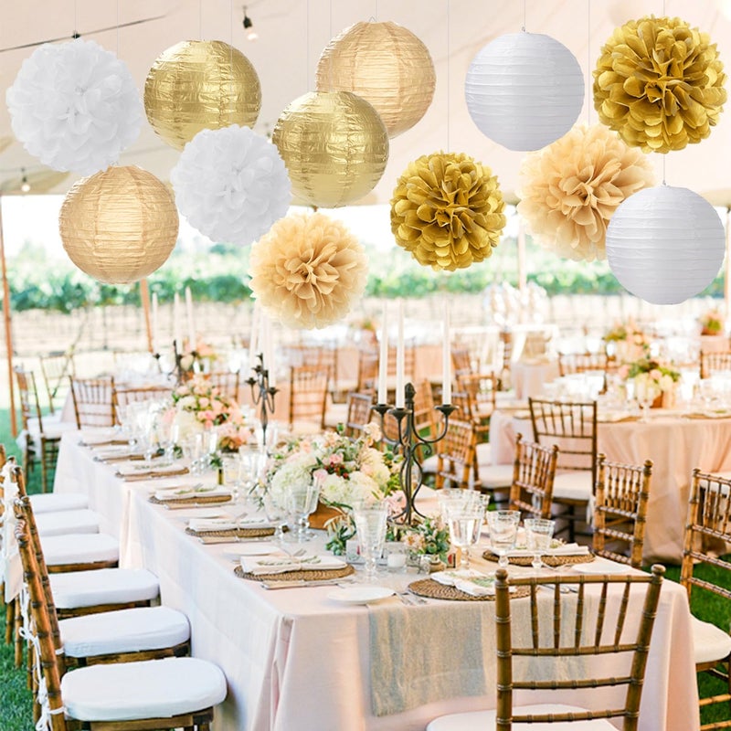 Hugfond White Gold Party-Decorations Paper Flowers Lanterns - 15PCS Engagement Birthday Graduation Wedding Tissue Pom Poms Streamers Neutral Bachelorette Baby Bridal Shower Hanging Supplies Decor Hugfond - Image 3