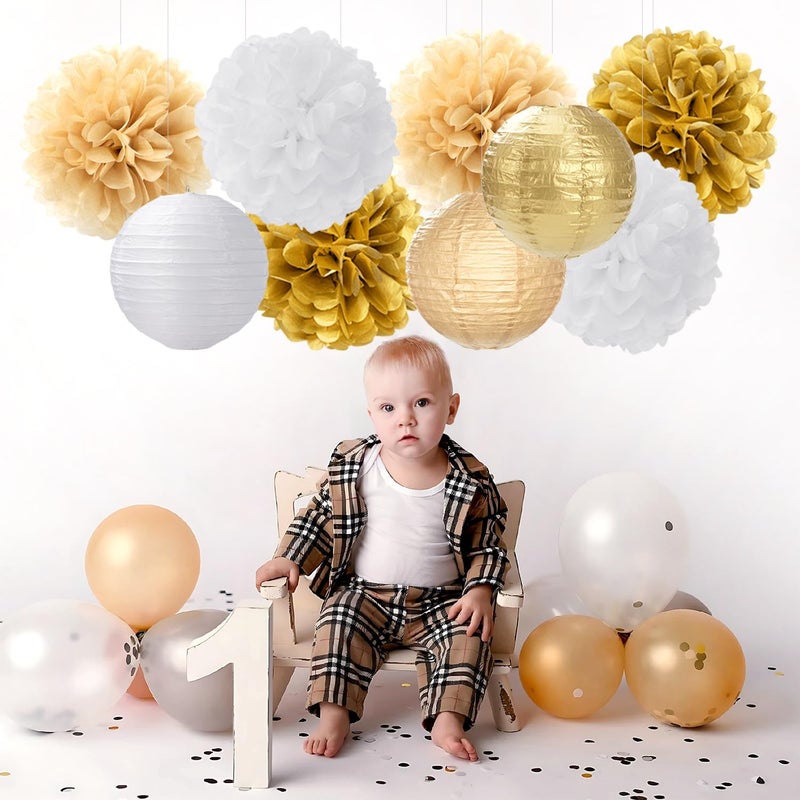 Hugfond White Gold Party-Decorations Paper Flowers Lanterns - 15PCS Engagement Birthday Graduation Wedding Tissue Pom Poms Streamers Neutral Bachelorette Baby Bridal Shower Hanging Supplies Decor Hugfond - Image 4