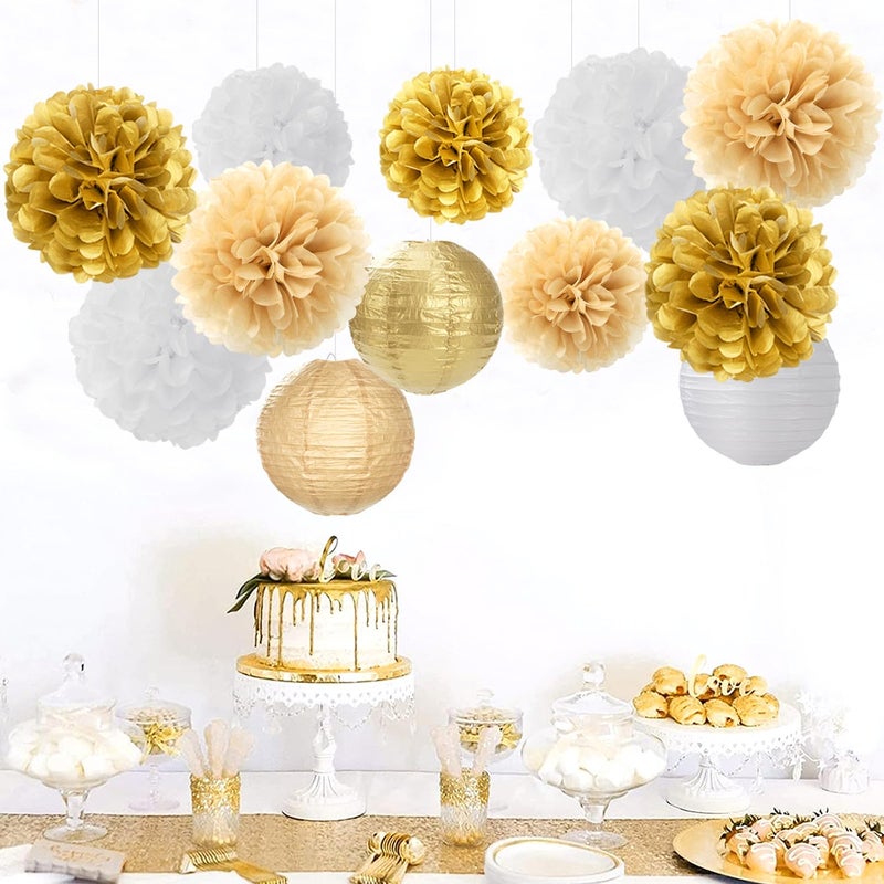 Hugfond White Gold Party-Decorations Paper Flowers Lanterns - 15PCS Engagement Birthday Graduation Wedding Tissue Pom Poms Streamers Neutral Bachelorette Baby Bridal Shower Hanging Supplies Decor Hugfond - Image 5
