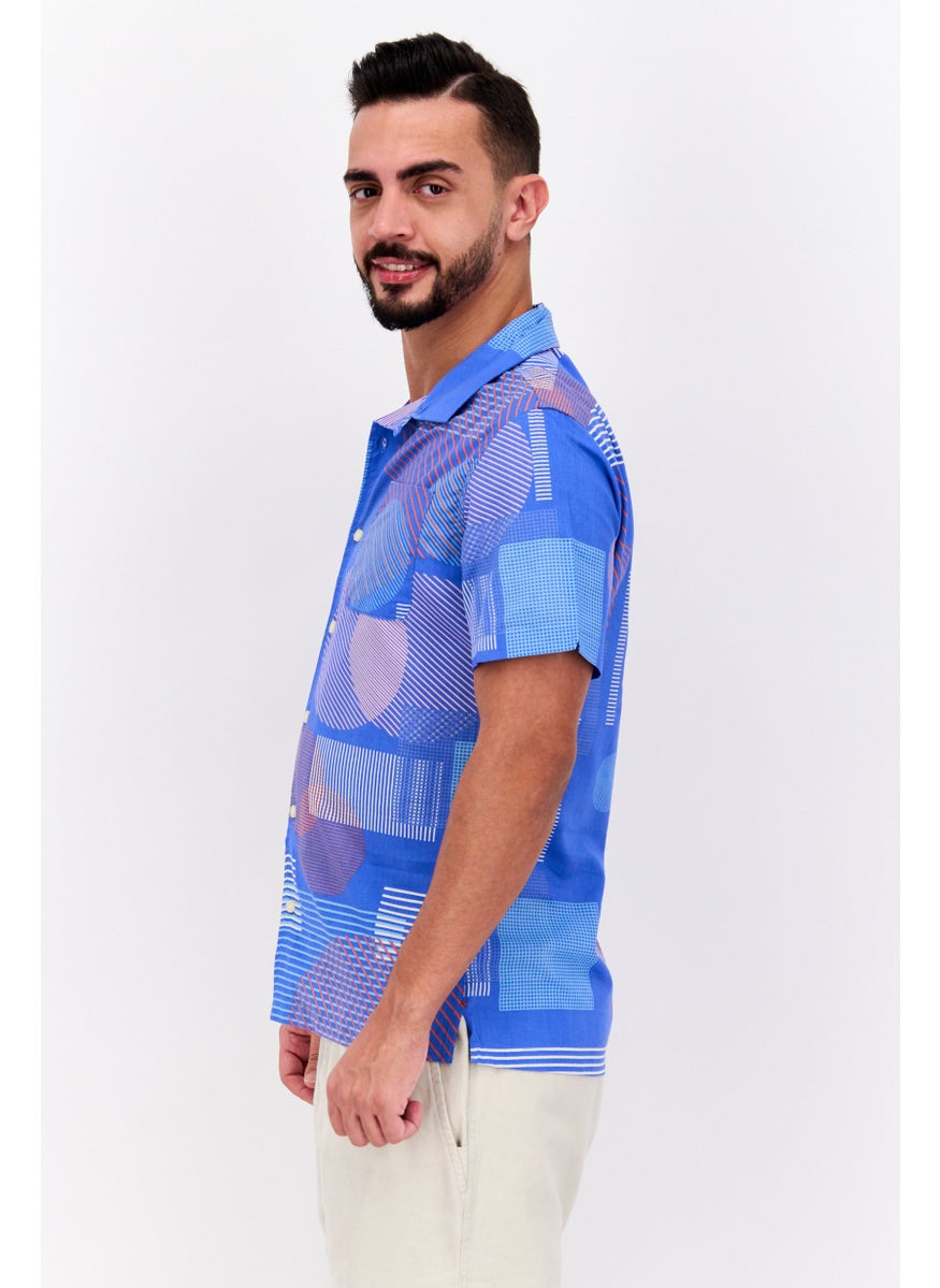 Jachs New York Men Regular Fit Allover Print Short Sleeve Casual Shirt, Blue  - Image 3