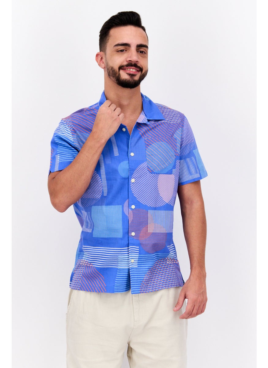Jachs New York Men Regular Fit Allover Print Short Sleeve Casual Shirt, Blue  - Image 1
