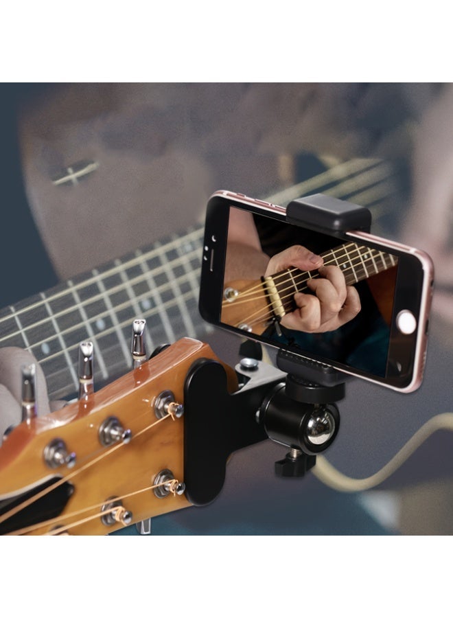 Alloy Guitar Cell Phone Clip, Black Uncharged Mobile Phone Bracket for Live Streaming, Ukulele, Piano, Video Recording - Musical Instrument Selfie Holder - Image 1