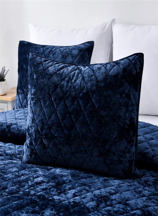 Fredsure Distressed Velvet Quilt Set, 3 Pieces Navy King, Distressed Velvet Face and Brushed Microfiber Reverse with Diamond Quilting - Image 3
