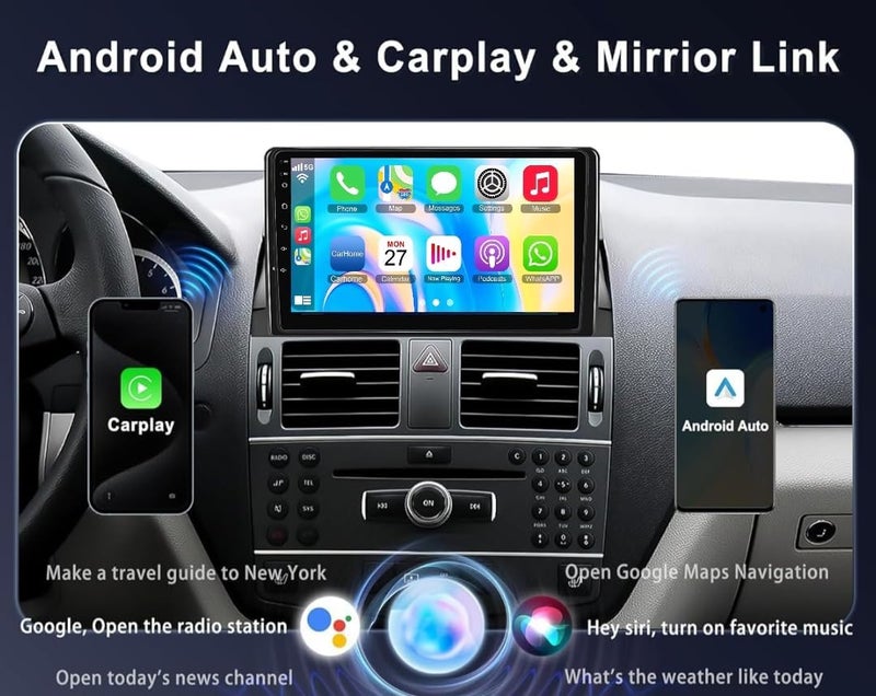 Vierex Car Stereo Radio for Mercedes Benz C-Class C180 C200 C230 C250 C300 C350 W204 S204 2006-2011 Support Wireless Carplay Android Auto WiFi GPS Backup Camera, DSP USB, BT (4GB RAM 32GB Carplay) - Image 3