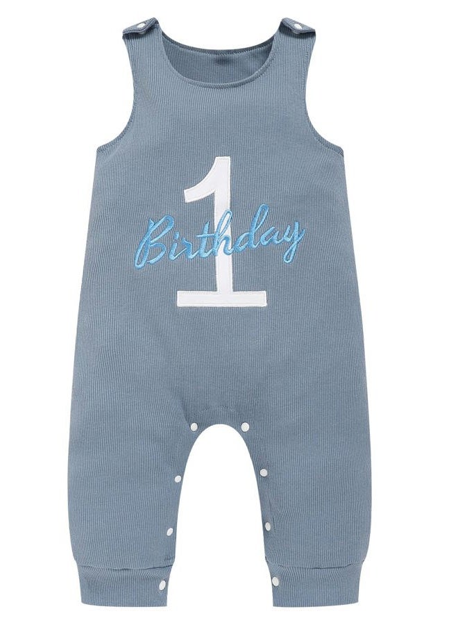 Viworld Baby Boy 1st Birthday Romper Infant Ribbed Jumpsuit Embroidery One Year Old Cake Smash Outfits, Grey Blue, 12-18 months - Image 1