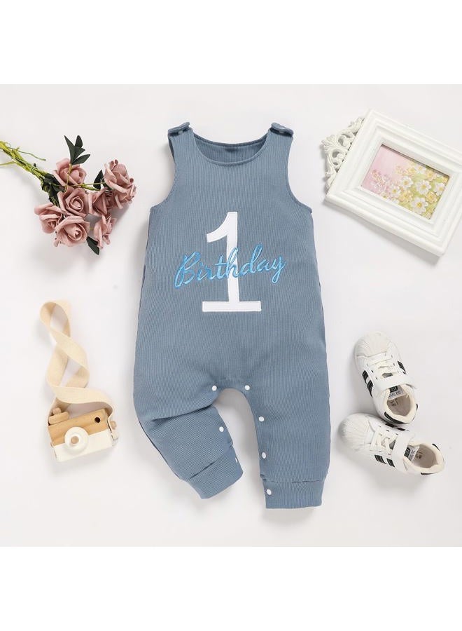 Viworld Baby Boy 1st Birthday Romper Infant Ribbed Jumpsuit Embroidery One Year Old Cake Smash Outfits, Grey Blue, 12-18 months - Image 2