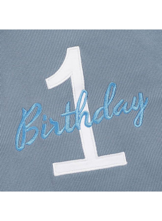 Viworld Baby Boy 1st Birthday Romper Infant Ribbed Jumpsuit Embroidery One Year Old Cake Smash Outfits, Grey Blue, 12-18 months - Image 4