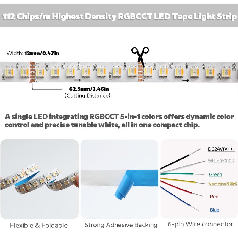 SuperlightingLED 24VDC Highest Density 5-in-1 5050 RGBWW (RGB+Warm White+Daylight) 112LEDs/m Bright RGBCCT LED Strip 16.4FT Dimmable Tape Lights for Bedroom Decor (16.4Ft IP20 Non-Waterproof) - Image 2