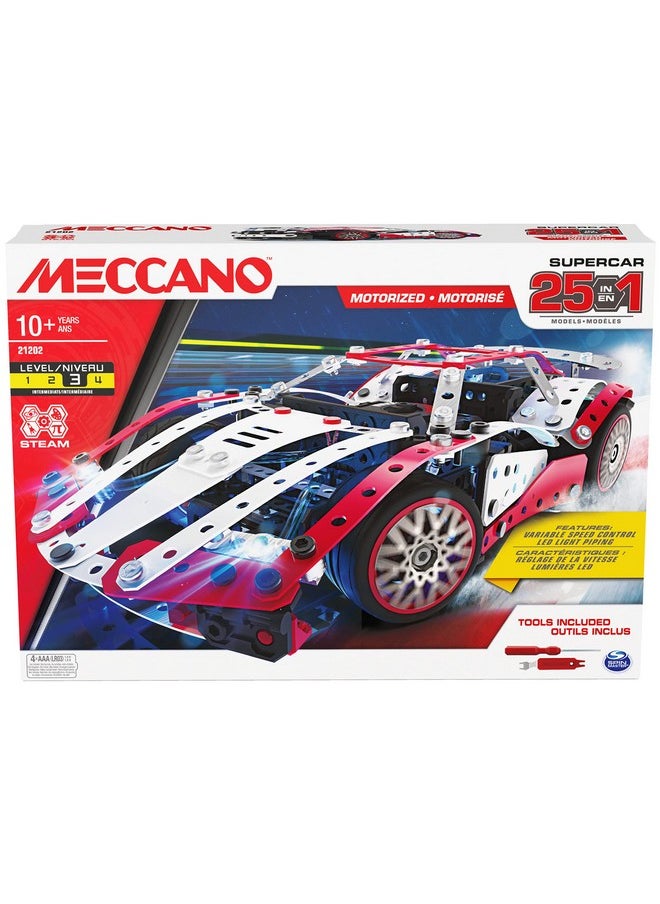 Meccano MECCANO, 25-in-1 Motorized Supercar STEM Model Building Kit with 347 Parts, Real Tools and Working Lights, Kids Toys for Ages 10 and Up  - Image 1