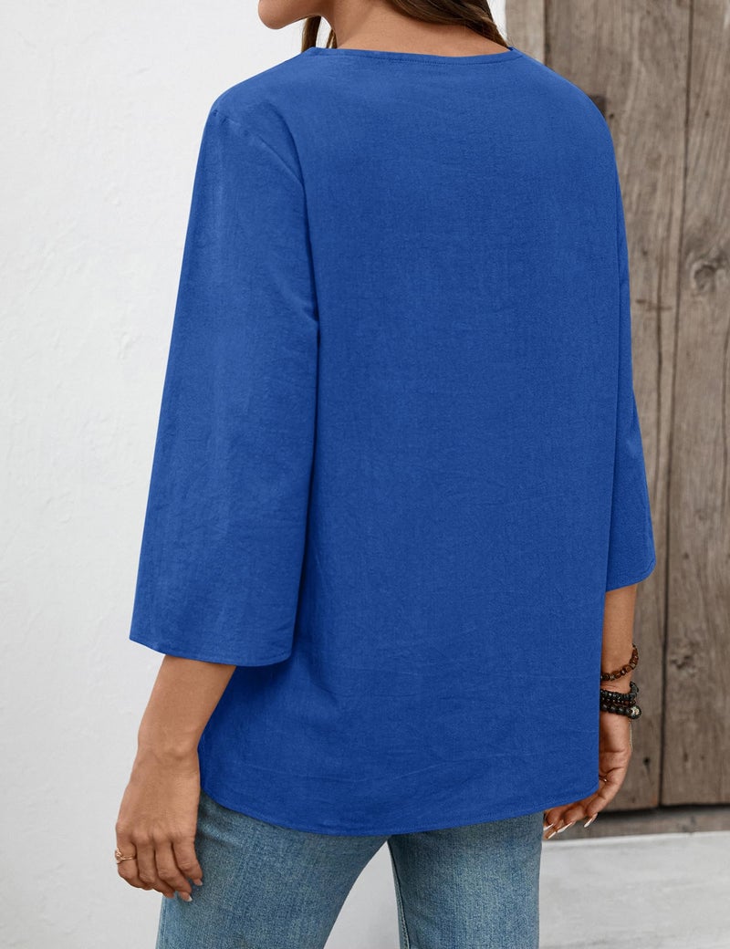 LOMON 3/4 Sleeve Linen Tops for Women Shirts Lace Cotton Womens Tops Dressy Casual Summer Women's Clothing Royal Blue - Image 4