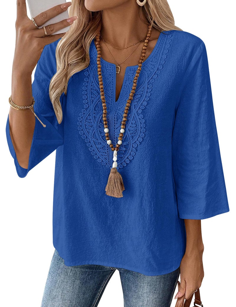 LOMON 3/4 Sleeve Linen Tops for Women Shirts Lace Cotton Womens Tops Dressy Casual Summer Women's Clothing Royal Blue - Image 1