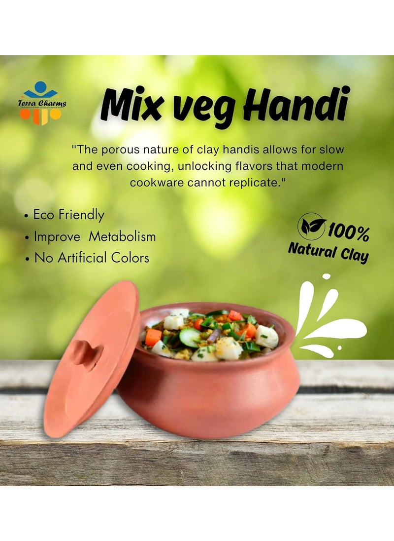 Terra Charms Terra Charms Terracotta Clay Pot Cooking Serving Fish Curry Hand Craft Making for Mix Veg Handi for Kitchen Light Weight Curd Bowl with Lid for Cooking Pack of 1 700ML Capacity Brown Color  - Image 2