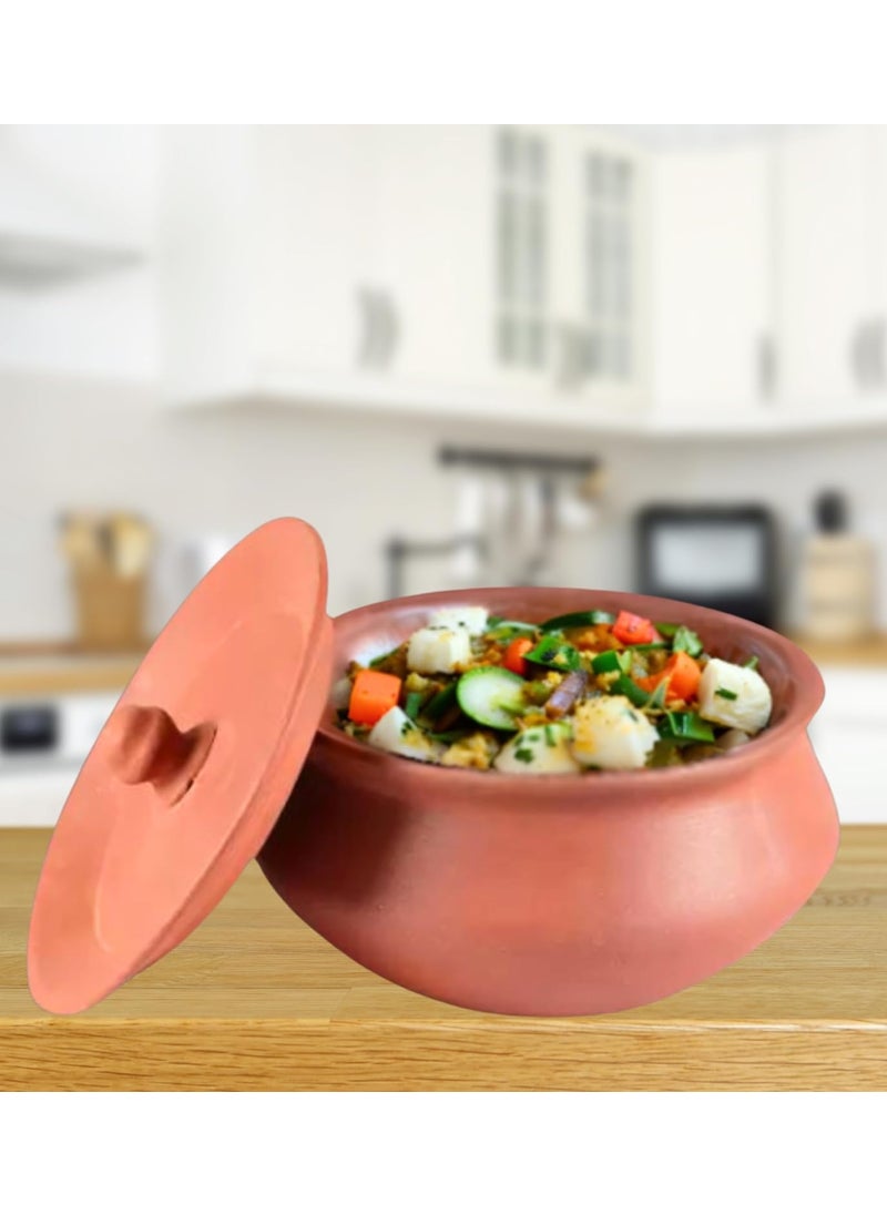 Terra Charms Terra Charms Terracotta Clay Pot Cooking Serving Fish Curry Hand Craft Making for Mix Veg Handi for Kitchen Light Weight Curd Bowl with Lid for Cooking Pack of 1 700ML Capacity Brown Color  - Image 1