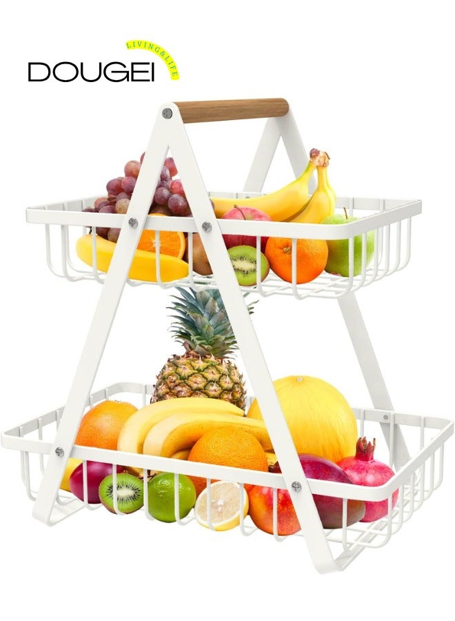 دوغي 2 سلة فواكه كونترتوب من الطبقة ، سلة فواكه محمولة لتخزين منظم المطبخ وجبات خفيفة من خبز الخضار ، سلة مستطيلة معدنية قابلة للفصل بمقبض خشبي ، أبيض - Image 1