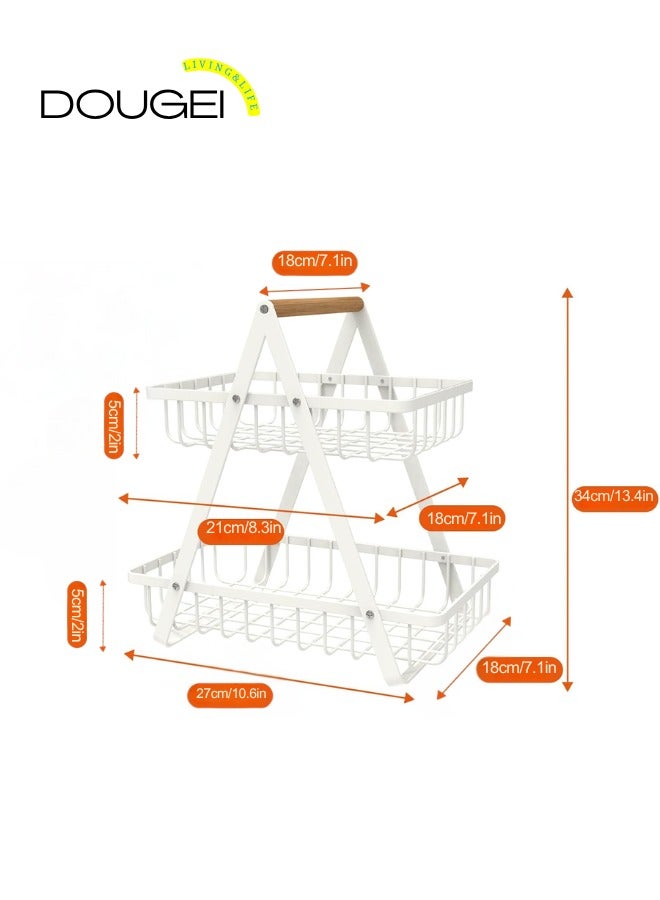 دوغي 2 سلة فواكه كونترتوب من الطبقة ، سلة فواكه محمولة لتخزين منظم المطبخ وجبات خفيفة من خبز الخضار ، سلة مستطيلة معدنية قابلة للفصل بمقبض خشبي ، أبيض - Image 2