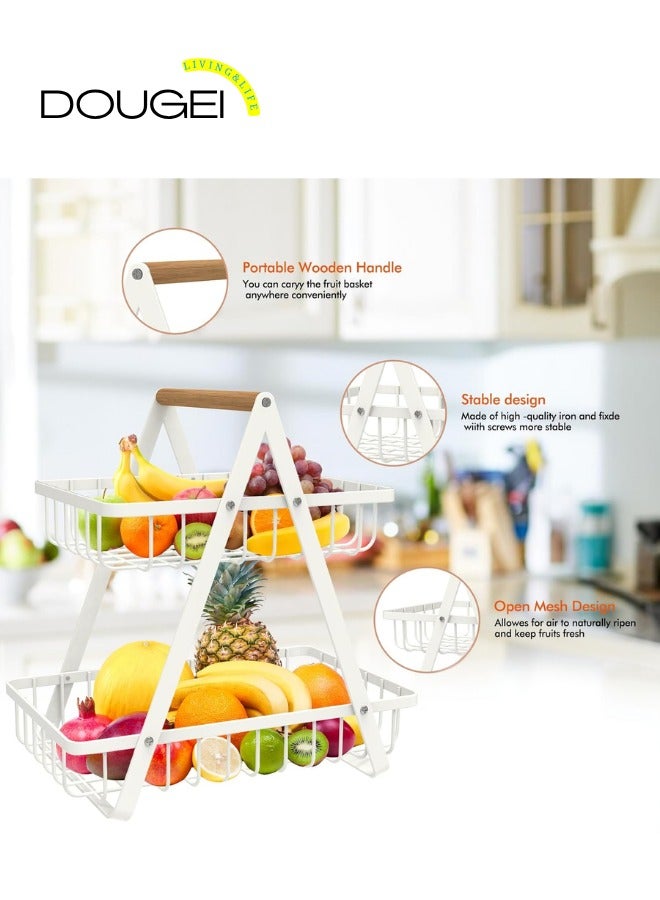 دوغي 2 سلة فواكه كونترتوب من الطبقة ، سلة فواكه محمولة لتخزين منظم المطبخ وجبات خفيفة من خبز الخضار ، سلة مستطيلة معدنية قابلة للفصل بمقبض خشبي ، أبيض - Image 3