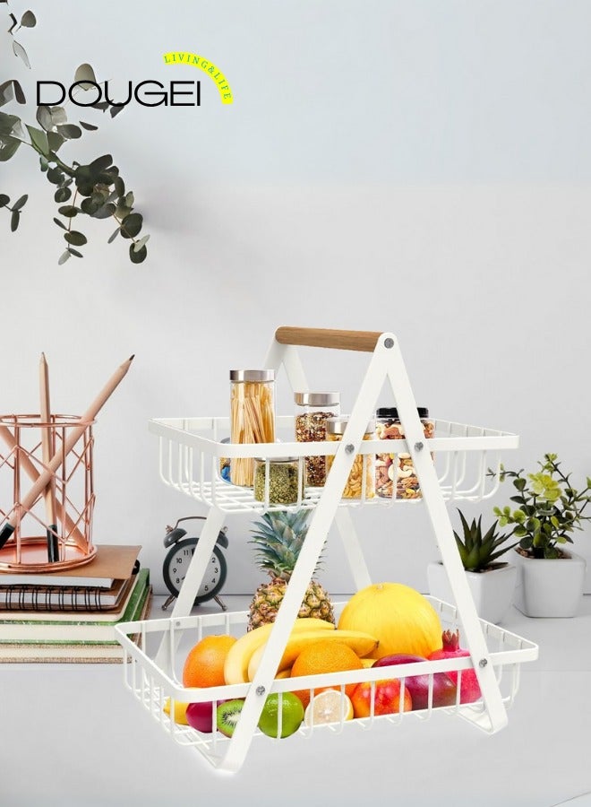 دوغي 2 سلة فواكه كونترتوب من الطبقة ، سلة فواكه محمولة لتخزين منظم المطبخ وجبات خفيفة من خبز الخضار ، سلة مستطيلة معدنية قابلة للفصل بمقبض خشبي ، أبيض - Image 4