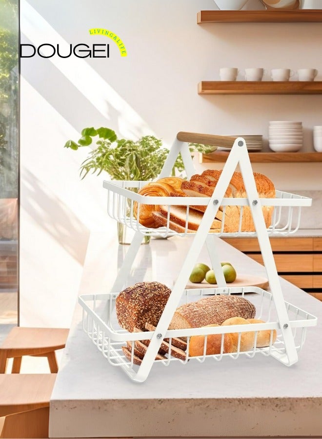 دوغي 2 سلة فواكه كونترتوب من الطبقة ، سلة فواكه محمولة لتخزين منظم المطبخ وجبات خفيفة من خبز الخضار ، سلة مستطيلة معدنية قابلة للفصل بمقبض خشبي ، أبيض - Image 5