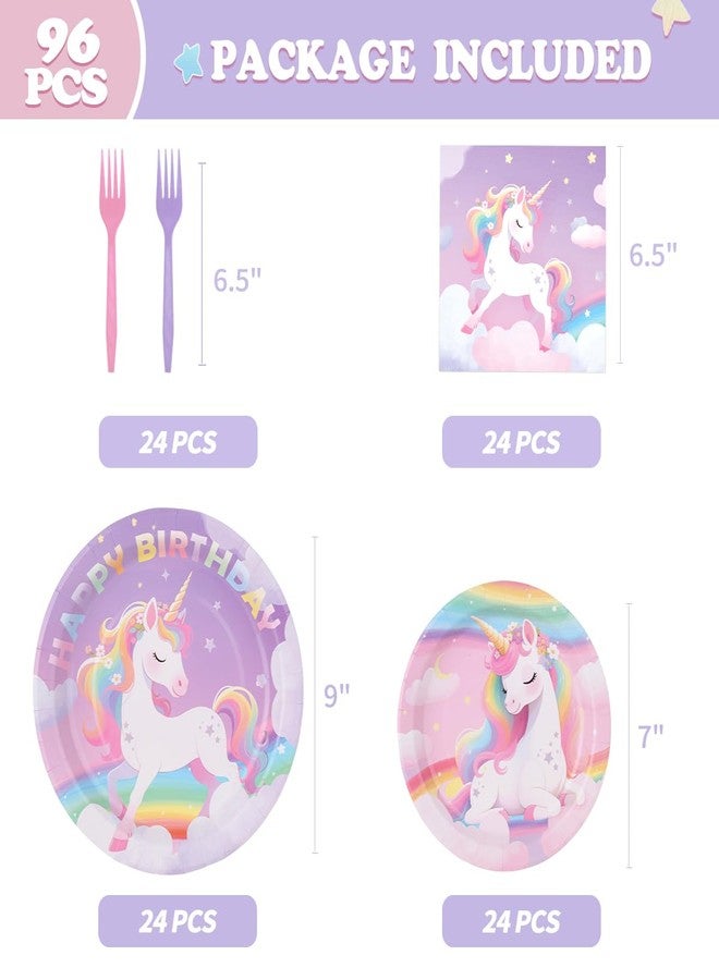 WILDPARTY Unicorn Party Supplies Set Serve 24 Rainbow Paper Dinner Plates, Dessert Plates, Napkins, Forks for Unicorn Theme Birthday Party Decorations Girls Tableware Baby Shower Favor 96PCS Djs-G - Image 2