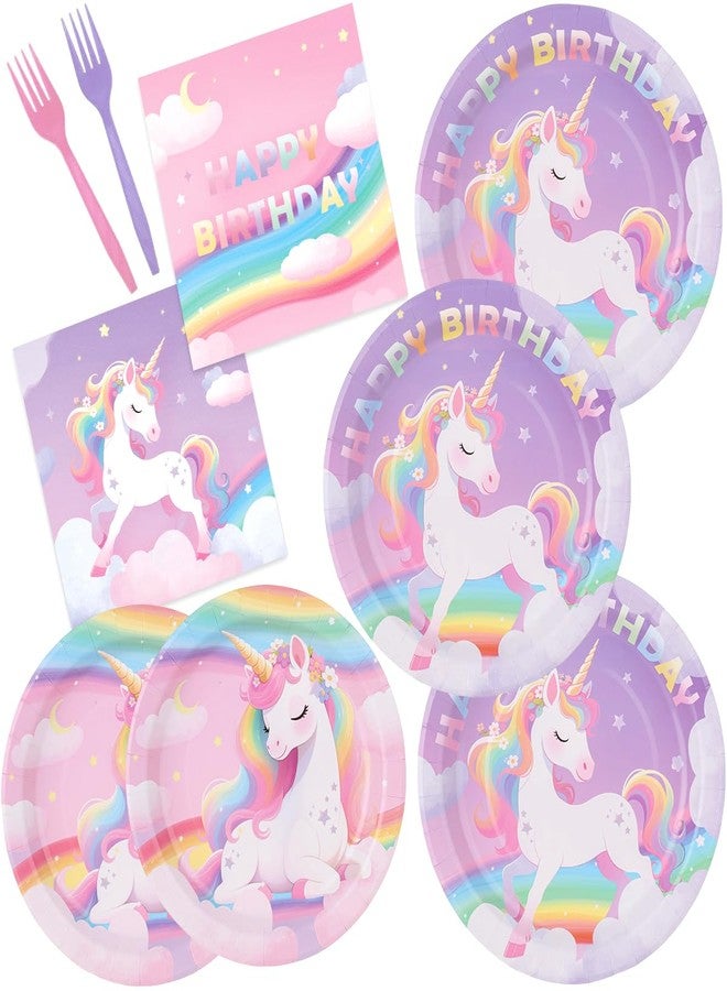 WILDPARTY Unicorn Party Supplies Set Serve 24 Rainbow Paper Dinner Plates, Dessert Plates, Napkins, Forks for Unicorn Theme Birthday Party Decorations Girls Tableware Baby Shower Favor 96PCS Djs-G - Image 1