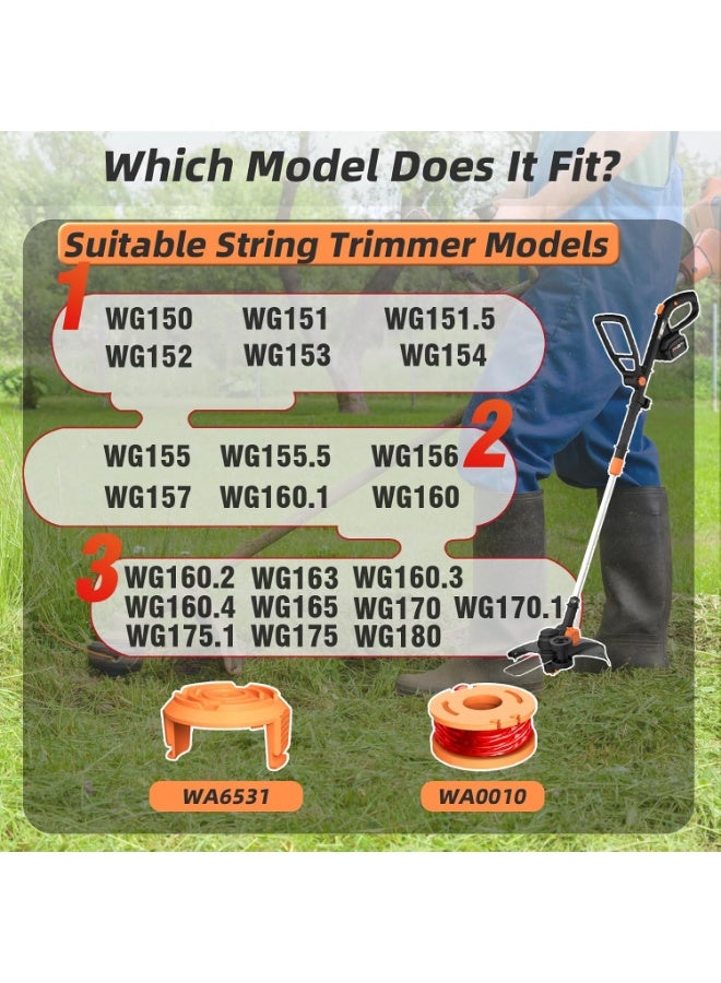 ووركس WA0010 بكرات خيط قص العشب بديلة لخط Worx Weed Eater، خيط قص العشب ذاتي التغذية مقاس 0.065 بوصة، عبوات إعادة تعبئة متوافقة مع ماكينات قص العشب اللاسلكية من Worx (6 بكرات + 2 غطاء) - Image 3