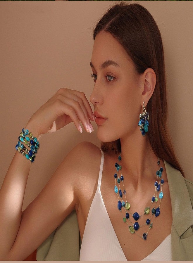 Coiris 3 Layer Illusion Wire Statement Necklace Set for Women Blue Green Beaded Bracelet Earrings Set (N0005)(ST0001) - Image 5