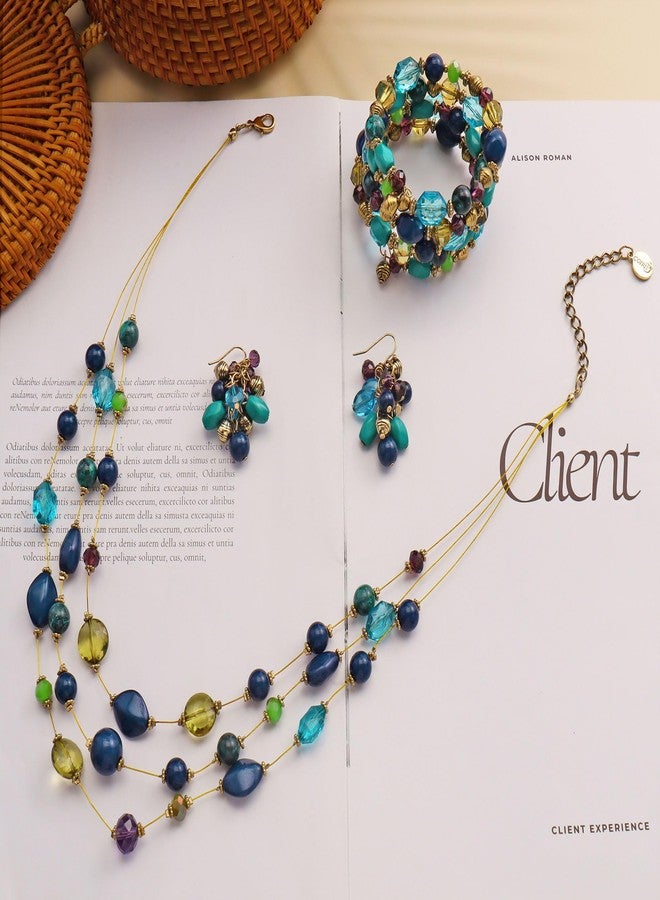 Coiris 3 Layer Illusion Wire Statement Necklace Set for Women Blue Green Beaded Bracelet Earrings Set (N0005)(ST0001) - Image 3