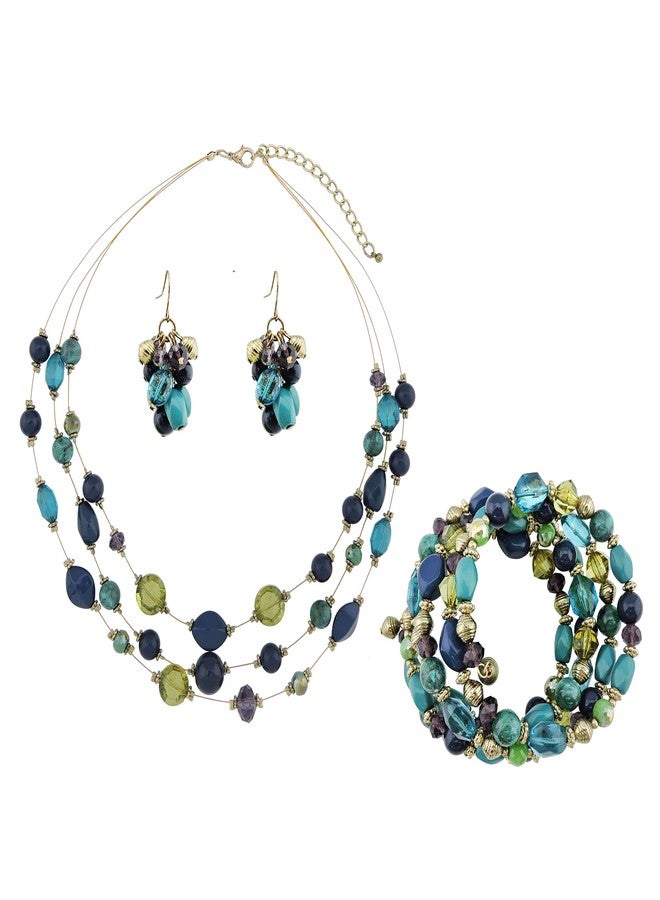 Coiris 3 Layer Illusion Wire Statement Necklace Set for Women Blue Green Beaded Bracelet Earrings Set (N0005)(ST0001) - Image 1