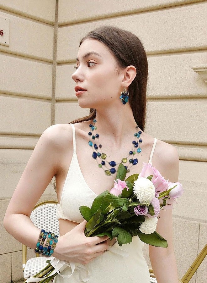 Coiris 3 Layer Illusion Wire Statement Necklace Set for Women Blue Green Beaded Bracelet Earrings Set (N0005)(ST0001) - Image 4