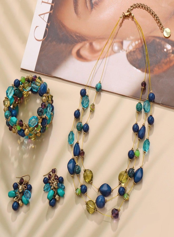 Coiris 3 Layer Illusion Wire Statement Necklace Set for Women Blue Green Beaded Bracelet Earrings Set (N0005)(ST0001) - Image 2