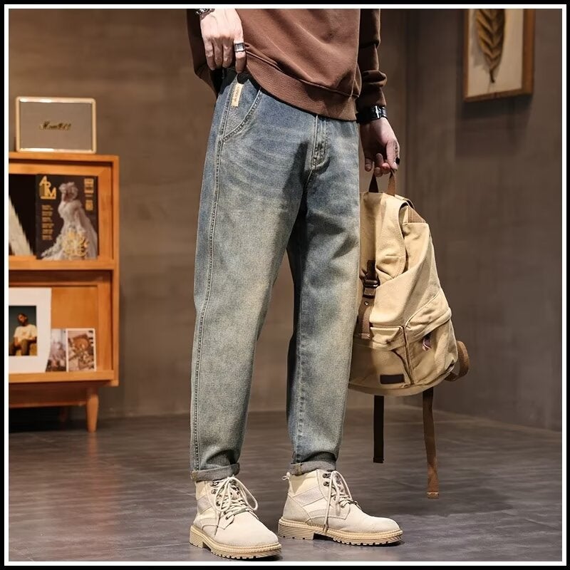Men's Vintage Jeans 2025 Spring Autumn New Streetwear Loose Straight Cargo Casual Cropped Trousers - Image 3