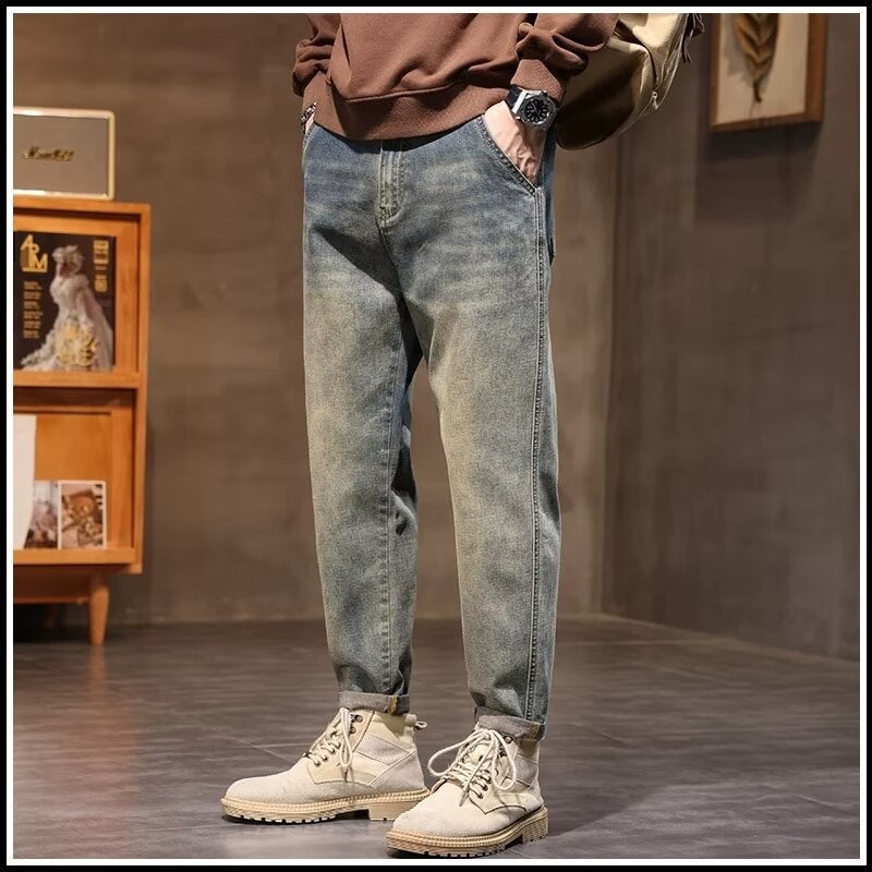 Men's Vintage Jeans 2025 Spring Autumn New Streetwear Loose Straight Cargo Casual Cropped Trousers - Image 2