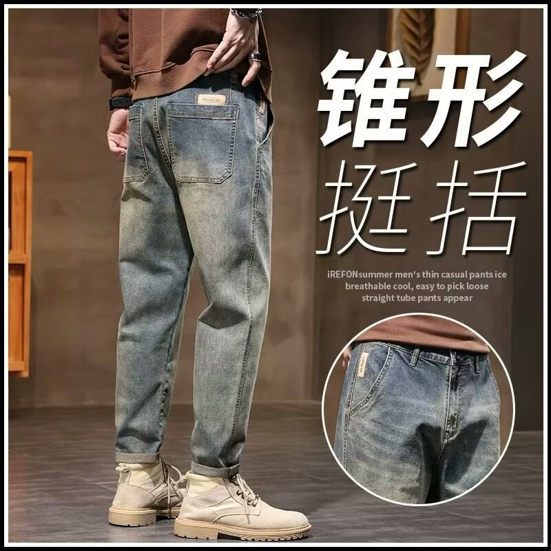 Men's Vintage Jeans 2025 Spring Autumn New Streetwear Loose Straight Cargo Casual Cropped Trousers - Image 1