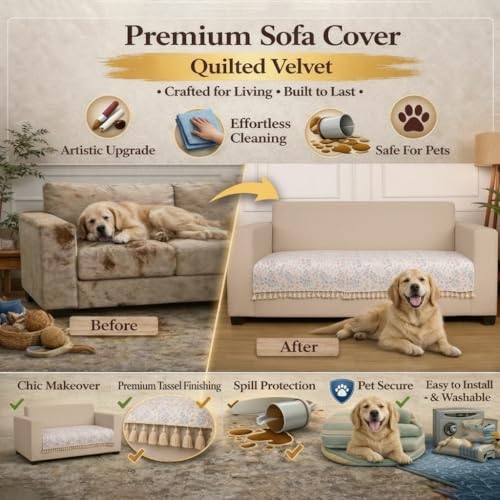 STITCHNEST 2 Seater Printed Quilted Velvet Sofa Slip Cover Protector with Tassels - Image 4