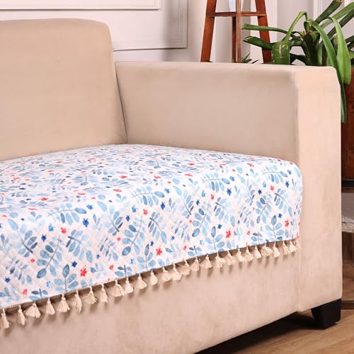 STITCHNEST 2 Seater Printed Quilted Velvet Sofa Slip Cover Protector with Tassels - Image 1