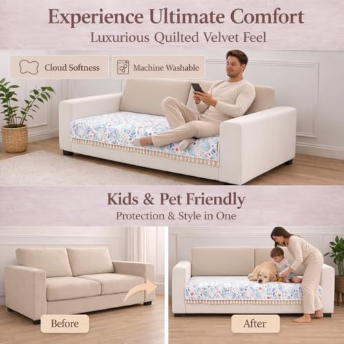 STITCHNEST 2 Seater Printed Quilted Velvet Sofa Slip Cover Protector with Tassels - Image 3