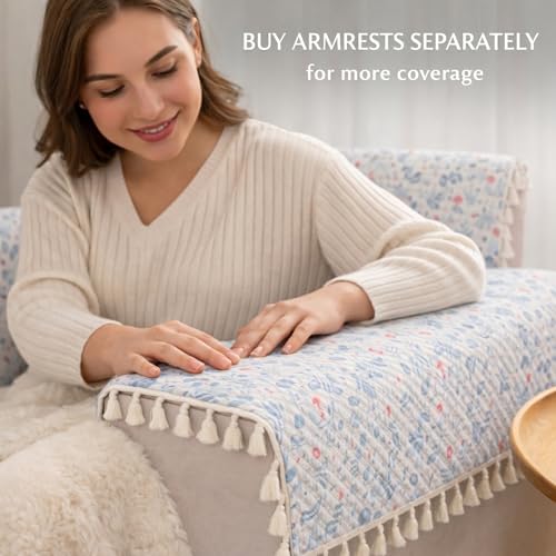 STITCHNEST 2 Seater Printed Quilted Velvet Sofa Slip Cover Protector with Tassels - Image 2