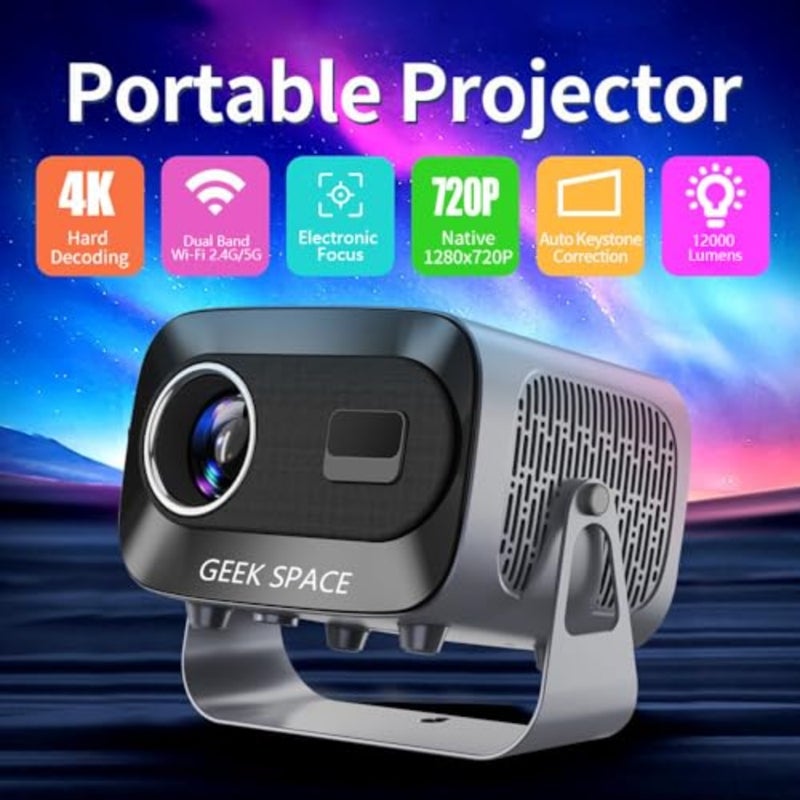 جهاز عرض محمول للاستخدام الخارجي للمسرح المنزلي، هيكل من بلاستيك ABS، لون أسود، شاشة 4K مدعومة بدقة 1080P HD 200 مع حجر مفاتيح تلقائي، تركيز، تكبير، 5G WiFi 6، وسطوع 12000 لومن - Image 2