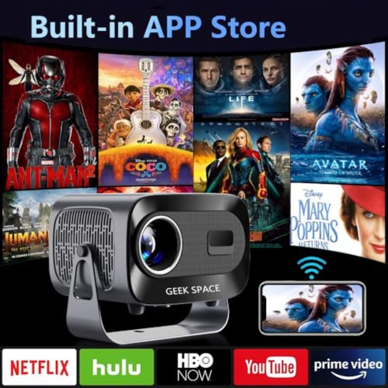 جهاز عرض محمول للاستخدام الخارجي للمسرح المنزلي، هيكل من بلاستيك ABS، لون أسود، شاشة 4K مدعومة بدقة 1080P HD 200 مع حجر مفاتيح تلقائي، تركيز، تكبير، 5G WiFi 6، وسطوع 12000 لومن - Image 3