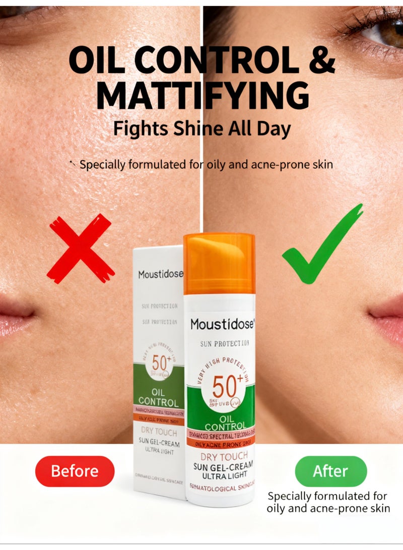 MOUSTIDOSE SPF 50+ Sun Gel-Cream for Oily & Acne-Prone Skin | Advanced Spectral Technology UVB/UVA Protection | Oil Control & Dry Touch | Ultra Lightweight Non-Greasy 50ml - Image 2