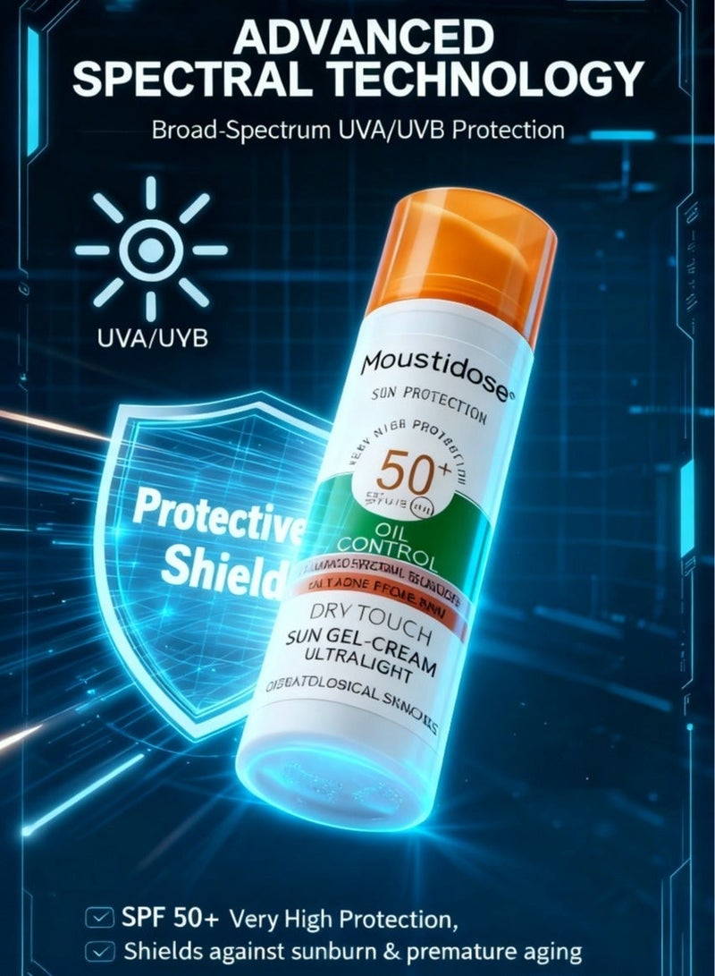 موستي دوز MOUSTIDOSE كريم-جل واقي من الشمس SPF 50+ للبشرة الدهنية والمعرضة لحب الشباب | تقنية متطورة للحماية من الأشعة فوق البنفسجية | تحكم في اللمعان وملمس جاف | خفيف جدا غير دهني 50 مل - Image 3