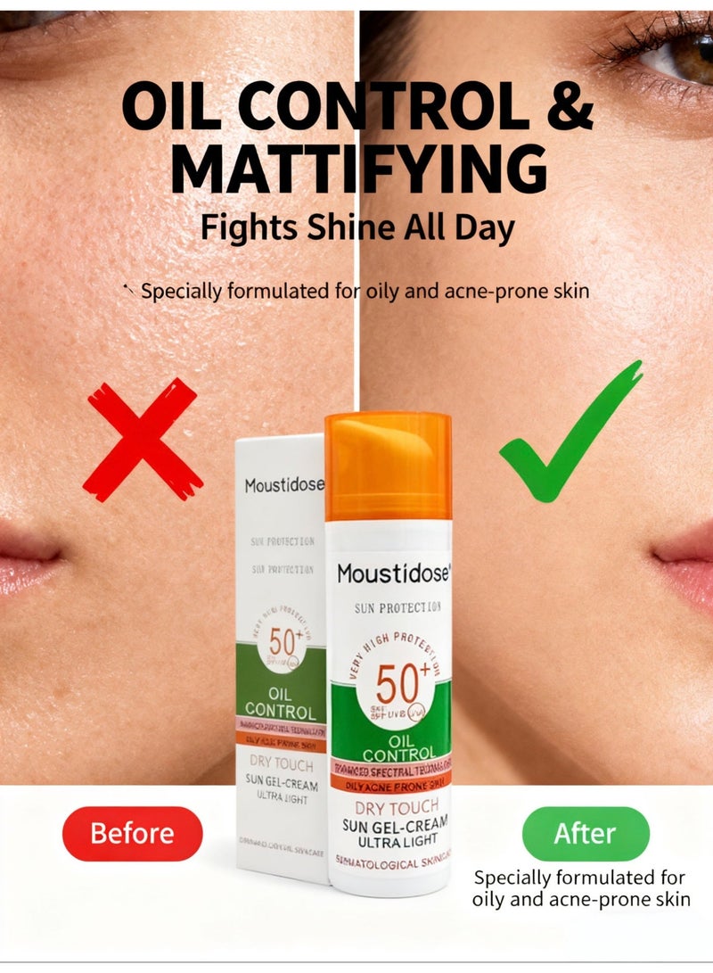موستي دوز MOUSTIDOSE كريم-جل واقي من الشمس SPF 50+ للبشرة الدهنية والمعرضة لحب الشباب | تقنية متطورة للحماية من الأشعة فوق البنفسجية | تحكم في اللمعان وملمس جاف | خفيف جدا غير دهني 50 مل - Image 2