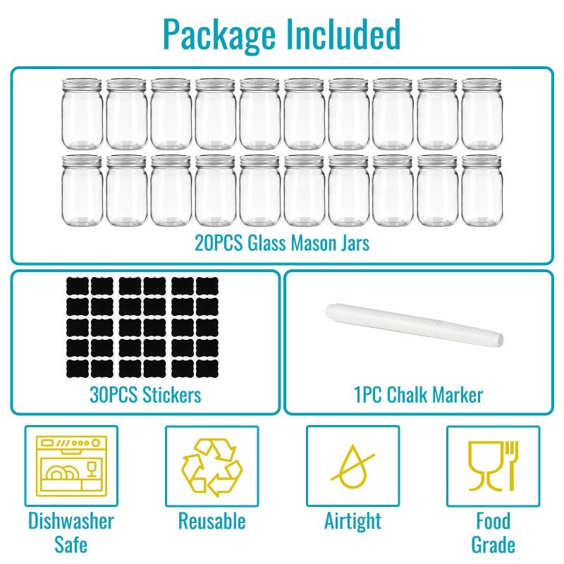 Haneye 12 oz Mason Jars with Lids 20 Pack - Regular Mouth Canning Jars, Clear Glass Jar for Spices, Dry Goods, Meal Prep, Crafts & Pantry Storage- Includes 30 Stickers & 1 Chalk Pen - Image 4