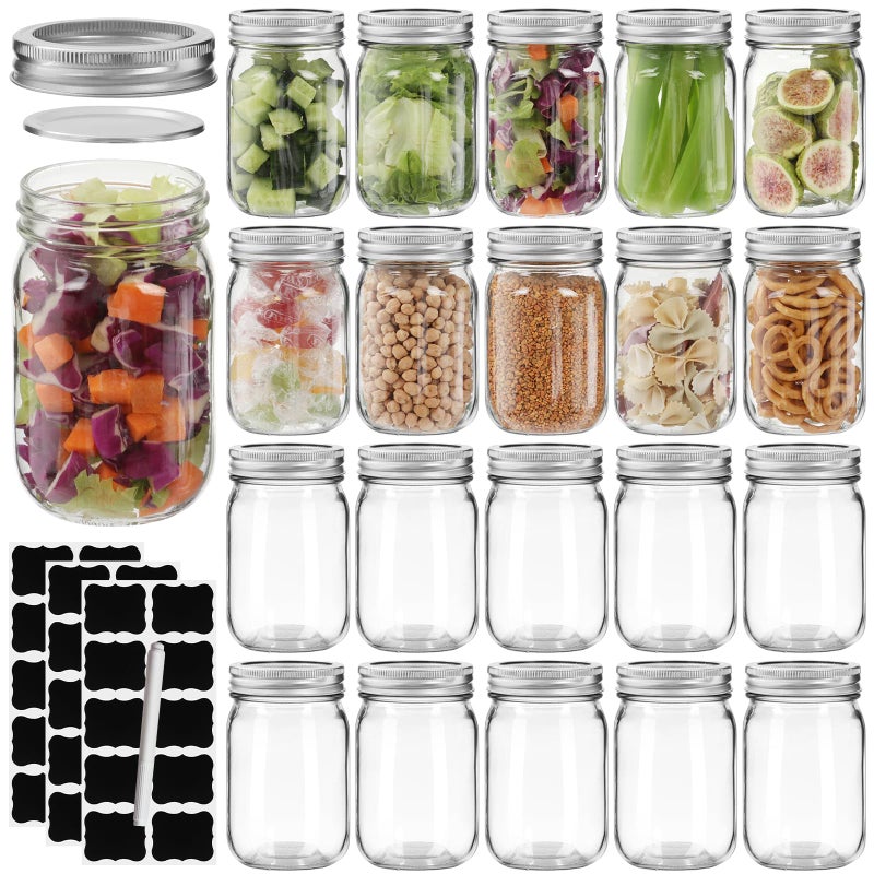Haneye 12 oz Mason Jars with Lids 20 Pack - Regular Mouth Canning Jars, Clear Glass Jar for Spices, Dry Goods, Meal Prep, Crafts & Pantry Storage- Includes 30 Stickers & 1 Chalk Pen - Image 1